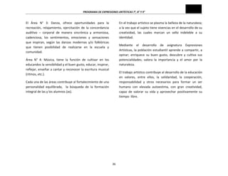PROGRAMA	
  DE	
  EXPRESIONES	
  ARTÍSTICAS	
  7°,	
  8°	
  Y	
  9°	
  
36	
  
El	
   Área	
   N°	
   3:	
   Danza,	
   ofrece	
   oportunidades	
   para	
   la	
  
recreación,	
   relajamiento,	
   ejercitación	
   de	
   la	
   concordancia	
  
auditivo	
   –	
   corporal	
   de	
   manera	
   sincrónica	
   y	
   armoniosa,	
  
cadenciosa,	
   los	
   sentimientos,	
   emociones	
   y	
   sensaciones	
  
que	
   inspiran,	
   según	
   las	
   danzas	
   modernas	
   y/o	
   folklóricas	
  
que	
   tienen	
   posibilidad	
   de	
   realizarse	
   en	
   la	
   escuela	
   y	
  
comunidad.	
  
Área	
   N°	
   4:	
   Música,	
   tiene	
   la	
   función	
   de	
   cultivar	
   en	
   los	
  
educandos	
  la	
  sensibilidad	
  y	
  el	
  buen	
  gusto,	
  educar,	
  inspirar,	
  
reflejar,	
  enseñar	
  a	
  cantar	
  y	
  reconocer	
  la	
  escritura	
  musical	
  
(ritmos,	
  etc.).	
  
Cada	
  una	
  de	
  las	
  áreas	
  contribuye	
  al	
  fortalecimiento	
  de	
  una	
  
personalidad	
   equilibrada,	
   	
   la	
   búsqueda	
   de	
   la	
   formación	
  
integral	
  de	
  las	
  y	
  los	
  alumnos	
  (as).	
  
En	
  el	
  trabajo	
  artístico	
  se	
  plasma	
  la	
  belleza	
  de	
  la	
  naturaleza;	
  
a	
  la	
  vez	
  que	
  el	
  sujeto	
  tiene	
  vivencias	
  en	
  el	
  desarrollo	
  de	
  su	
  
creatividad,	
   las	
   cuales	
   marcan	
   un	
   sello	
   indeleble	
   a	
   su	
  
identidad.	
  
Mediante	
   el	
   desarrollo	
   de	
   asignatura	
   Expresiones	
  
Artísticas,	
  la	
  población	
  estudiantil	
  aprende	
  a	
  compartir,	
  a	
  
opinar;	
   enriquece	
   su	
   buen	
   gusto,	
   descubre	
   y	
   cultiva	
   sus	
  
potencialidades;	
   valora	
   la	
   importancia	
   y	
   el	
   amor	
   por	
   la	
  
naturaleza.	
  
El	
  trabajo	
  artístico	
  contribuye	
  al	
  desarrollo	
  de	
  la	
  educación	
  
en	
   valores,	
   entre	
   ellos,	
   la	
   solidaridad,	
   la	
   cooperación,	
  
responsabilidad	
   y	
   otros	
   necesarios	
   para	
   formar	
   un	
   ser	
  
humano	
   con	
   elevada	
   autoestima,	
   con	
   gran	
   creatividad,	
  
capaz	
   de	
   valorar	
   su	
   vida	
   y	
   aprovechar	
   positivamente	
   su	
  
tiempo	
  	
  libre.	
  
	
  
	
  
	
  
	
  
	
  
	
  
 