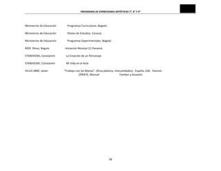 PROGRAMA	
  DE	
  EXPRESIONES	
  ARTÍSTICAS	
  7°,	
  8°	
  Y	
  9°	
  
58	
  
	
  
Ministerios	
  de	
  Educación	
  	
  	
  	
  	
  	
  	
  	
  	
  	
  	
  	
  	
  	
  	
  	
  Programas	
  Curriculares.	
  Bogotá	
  
	
  
Ministerios	
  de	
  Educación	
  	
  	
  	
  	
  	
  	
  	
  	
  	
  	
  	
  	
  	
  	
  	
  Planes	
  de	
  Estudios.	
  Caracas	
  
	
  
Ministerios	
  de	
  Educación	
  	
  	
  	
  	
  	
  	
  	
  	
  	
  	
  	
  	
  	
  	
  	
  Programas	
  Experimentales.	
  Bogotá	
  
	
  
RÍOS	
  	
  Pérez,	
  Regulo	
  	
  	
  	
  	
  	
  	
  	
  	
  	
  	
  	
  	
  	
  	
  	
  	
  	
  	
  	
  	
  	
  	
  Iniciación	
  Musical	
  (1)	
  Panamá	
  	
  
	
  
STANIVOSKI,	
  Constantin	
  	
  	
  	
  	
  	
  	
  	
  	
  	
  	
  	
  	
  	
  	
  	
  La	
  Creación	
  de	
  un	
  Personaje	
  
	
  
STANIVOSKI,	
  Constantin	
  	
  	
  	
  	
  	
  	
  	
  	
  	
  	
  	
  	
  	
  	
  	
  Mi	
  Vida	
  en	
  el	
  Arte	
  
	
  
VILLA	
  LIBRE,	
  Javier	
  	
  	
  	
  	
  	
  	
  	
  	
  	
  	
  	
  	
  	
  	
  	
  	
  	
  	
  	
  	
  	
  	
  “Trabajo	
  con	
  las	
  Manos”.	
  (Área	
  plástica,	
  manualidades).	
  	
  España,	
  Edit.	
  	
  Everest.	
  	
  	
  	
  	
  	
  	
  	
  	
  	
  	
  	
  	
  	
  	
  	
  
ZÁRATE,	
  Manuel	
  	
  	
  	
  	
  	
  	
  	
  	
  	
  	
  	
  	
  	
  	
  	
  	
  	
  	
  	
  	
  	
  	
  	
  	
  	
  	
  	
  	
  Tambor	
  y	
  Socavón
 