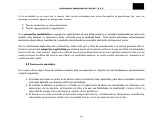 PROGRAMA	
  DE	
  EXPRESIONES	
  ARTÍSTICAS	
  7°,	
  8°	
  Y	
  9°	
  

En	
   la	
   actualidad	
   se	
   reconoce	
   por	
   lo	
   menos,	
   diez	
   teorías	
   principales	
   que	
   tratan	
   de	
   explicar	
   el	
   aprendizaje;	
   las	
   	
   que,	
   sin	
  
embargo,	
  se	
  pueden	
  agrupar	
  en	
  dos	
  grandes	
  campos:	
  
	
  
1. Teorías	
  conductistas	
  y	
  neoconductivistas.	
  
2. Teorías	
  cognoscitivistas	
  o	
  cognitivistas.	
  
	
  
En	
  la	
  perspectiva	
  conductivista	
  se	
  agrupan	
  las	
  explicaciones	
  de	
  que	
  toda	
  conducta	
  se	
  considera	
  compuesta	
  por	
  actos	
  más	
  
simples	
   cuyo	
   dominio	
   es	
   necesario	
   y	
   hasta	
   suficiente	
   para	
   la	
   conducta	
   total.	
   	
   Estas	
   teorías	
   reconocen	
   exclusivamente	
  
elementos	
  observables	
  y	
  medibles	
  de	
  la	
  conducta,	
  descartando	
  los	
  conceptos	
  abstractos	
  intrínsecos	
  al	
  sujeto.	
  	
  	
  
	
  
Por	
   las	
   ineficiencias	
   explicativas	
   del	
   conductismo,	
   sobre	
   todo	
   por	
   la	
   falta	
   de	
   consideración	
   a	
   la	
   actitud	
   pensante	
   del	
   ser	
  
humano	
  se	
  plantea	
  la	
  perspectiva	
  cognitivistas	
  que	
  sostiene	
  que	
  el	
  ser	
  humano	
  es	
  activo	
  en	
  lo	
  que	
  se	
  refiere	
  a	
  la	
  búsqueda	
  y	
  
construcción	
  del	
  conocimiento.	
  	
  Según	
  este	
  enfoque,	
  las	
  personas	
  desarrollan	
  estructuras	
  cognitivas	
  o	
  constructivas	
  con	
  los	
  
cuales	
   procesan	
   los	
   datos	
   del	
   entorno	
   para	
   darles	
   un	
   significado	
   personal,	
   un	
   orden	
   propio	
   razonable	
   en	
   respuesta	
   a	
   las	
  
condiciones	
  del	
  medio.	
  	
  	
  
	
  
4.2.	
  Fundamento	
  psicológico	
  
	
  
En	
  el	
  marco	
  de	
  las	
  expectativas	
  de	
  cambio	
  en	
  nuestro	
  país,	
  se	
  evidencian	
  en	
  relación	
  con	
  este	
  fundamento,	
  planteamientos	
  
como	
  los	
  siguientes:	
  
	
  
Ø El	
   proceso	
   curricular	
   se	
   centra	
   en	
   el	
   alumno	
   como	
   el	
   elemento	
   más	
   importante,	
   para	
   ello	
   se	
   considera	
   la	
   forma	
  
como	
  este	
  aprende	
  y	
  se	
  respeta	
  su	
  ritmo	
  de	
  aprendizaje.	
  
Ø Se	
   enfatiza	
   al	
   plantear	
   la	
   propuesta	
   curricular	
   en	
   la	
   importancia	
   de	
   llenar	
   las	
   necesidades,	
   los	
   intereses	
   y	
   las	
  
expectativas	
   de	
   los	
   alumnos,	
   estimulando	
   en	
   ellos	
   a	
   la	
   vez,	
   sus	
   habilidades,	
   la	
   creatividad,	
   el	
   juicio	
   crítico,	
   la	
  
capacidad	
  de	
  innovar,	
  tomar	
  decisiones	
  y	
  resolver	
  retos	
  y	
  problemas.	
  
Ø Se	
   busca	
   un	
   currículo	
   orientado	
   al	
   desarrollo	
   integral	
   del	
   alumno,	
   considerando	
   las	
   dimensiones	
   socioafectiva,	
  
cognoscitiva	
  y	
  psicomotora,	
  vistas	
  como	
  una	
  unidad;	
  esto	
  es,	
  como	
  tres	
  aspectos	
  que	
  interactúan.	
  
	
  
	
  
	
  

10	
  

 