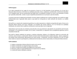 PROGRAMA	
  DE	
  EXPRESIONES	
  ARTÍSTICAS	
  7°,	
  8°	
  Y	
  9°	
  

Perfil	
  de	
  egreso:	
  	
  
	
  
Es	
   el	
   ideal	
   compartido	
   de	
   los	
   rasgos	
   de	
   una	
   persona	
   a	
   formar	
   en	
   el	
   nivel	
   educativo	
   al	
   que	
   pertenece.	
   En	
   el	
   caso	
   de	
   la	
  
Educación	
   Básica	
   General,	
   se	
   formulan	
   las	
   cualidades	
   personales,	
   éticas,	
   académicas	
   y	
   profesionales	
   	
   fuertemente	
   deseables	
  
en	
  el	
  ciudadano	
  joven.	
  Son	
  las	
  características	
  que	
  debe	
  tener	
  un	
  estudiante	
  al	
  finalizar	
  un	
  curso	
  o	
  ciclo	
  tomando	
  en	
  cuenta	
  
qué	
  	
  aprendió	
  y	
  desarrolló,	
  	
  es	
  decir,	
  lo	
  que	
  se	
  especificó	
  previamente	
  en	
  el	
  currículum	
  o	
  plan	
  de	
  estudios.	
  
	
  
La	
  primera	
  tarea	
  para	
  la	
  elaboración	
  del	
  diseño	
  curricular	
  implicó	
  la	
  definición	
  de	
  un	
  perfil	
  compartido,	
  que	
  reseña	
  los	
  rasgos	
  
fundamentales	
   que	
   el	
   egresado	
   debe	
   poseer	
   y	
   que	
   podrá	
   ser	
   enriquecido	
   en	
   cada	
   institución	
   de	
   acuerdo	
   a	
   su	
   modelo	
  
educativo.	
  
	
  
Este	
  perfil	
  es	
  un	
  conjunto	
  de	
  competencias	
  genéricas,	
  las	
  cuales	
  representan	
  un	
  objetivo	
  compartido	
  del	
  sujeto	
  a	
  formar	
  en	
  la	
  
Educación	
   Básica	
   General,	
   que	
   busca	
   responder	
   a	
   los	
   desafíos	
   del	
   mundo	
   moderno;	
   en	
   él	
   se	
   formulan	
   las	
   cualidades	
  
individuales,	
  de	
  carácter	
  ético,	
  académico,	
  profesional	
  y	
  social	
  que	
  debe	
  reunir	
  el	
  egresado.	
  	
  
	
  
Cabe	
  destacar	
  que	
  la	
  escuela,	
  los	
  contextos	
  socioculturales	
  a	
  los	
  que	
  pertenecen	
  cada	
  plantel	
  y	
  los	
  precedentes	
  de	
  formación	
  
contribuyen	
   a	
   la	
   constitución	
   de	
   sujetos.	
   Por	
   lo	
   tanto,	
   el	
   desarrollo	
   y	
   la	
   expresión	
   de	
   las	
   competencias	
   genéricas	
   será	
   el	
  
resultado	
  de	
  todo	
  ello.	
  
	
  
Este	
   perfil	
   se	
   logrará	
   mediante	
   los	
   procesos	
   y	
   prácticas	
   educativas	
   relativas	
   a	
   los	
   diferentes	
   niveles	
   de	
   concreción	
   del	
  
currículo,	
  como	
  se	
  ilustra	
  a	
  continuación:	
  Diseño	
  curricular	
  (nivel	
  interinstitucional),	
  modelo	
  educativo,	
  	
  planes	
  y	
  programas	
  
de	
   estudios	
   (nivel	
   institucional),	
   adecuaciones	
   por	
   centro	
   escolar	
   	
   y	
   finalmente,	
   currículum	
   impartido	
   en	
   el	
   aula.	
   En	
   todos	
  
estos	
  niveles	
  se	
  requiere	
  la	
  participación	
  y	
  colaboración	
  de	
  los	
  diversos	
  actores	
  involucrados	
  en	
  la	
  Educación	
  Básica	
  General.	
  
	
  
Perfil	
  ciudadano:	
  
	
  
1. Emplea	
  y	
  comprende	
  el	
  idioma	
  oficial	
  de	
  manera	
  oral	
  y	
  escrita.	
  
2. Emplea	
  y	
  comprende	
  una	
  segunda	
  lengua	
  oral	
  y	
  escrita.	
  
3. Conoce	
  y	
  maneja	
  las	
  principales	
  tecnologías	
  de	
  la	
  información.	
  
4. Reconoce	
  y	
  aplica	
  la	
  responsabilidad	
  ética	
  en	
  el	
  ejercicio	
  de	
  sus	
  labores.	
  
5. Es	
  activo	
  de	
  manera	
  individual	
  y	
  colectiva.	
  

14	
  

 