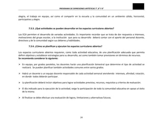 PROGRAMA	
  DE	
  EXPRESIONES	
  ARTÍSTICAS	
  7°,	
  8°	
  Y	
  9°	
  

alegría,	
   el	
   trabajo	
   en	
   equipo,	
   así	
   como	
   el	
   compartir	
   en	
   la	
   escuela	
   y	
   la	
   comunidad	
   en	
   un	
   ambiente	
   cálido,	
   horizontal,	
  
participativo	
  y	
  alegre.	
  
	
  
	
  
7.3.3.	
  ¿Qué	
  actividades	
  se	
  pueden	
  desarrollar	
  en	
  los	
  espacios	
  curriculares	
  abiertos?	
  
	
  
Los	
   ECA	
   permiten	
   el	
   desarrollo	
   de	
   variadas	
   actividades.	
   Es	
   importante	
   recordar	
   que	
   se	
   trata	
   de	
   dar	
   respuesta	
   a	
   intereses,	
  
motivaciones	
  del	
  grupo	
  escolar,	
  a	
  la	
  institución	
  	
  que	
  para	
  su	
  desarrollo	
  	
  deberá	
  contar	
  con	
  el	
  aporte	
  del	
  personal	
  docente,	
  
directivos	
  y	
  de	
  la	
  comunidad	
  según	
  sus	
  deberes	
  y	
  habilidades.	
  
	
  

7.3.4.	
  ¿Cómo	
  se	
  planifican	
  y	
  ejecutan	
  los	
  espacios	
  curriculares	
  abiertos?	
  
	
  
Los	
   espacios	
   curriculares	
   abiertos	
   requieren,	
   como	
   toda	
   actividad	
   educativa,	
   de	
   una	
   planificación	
   adecuada	
   que	
   permita	
  
definir	
  objetivos	
  y	
  establecer	
  estrategias	
  para	
  su	
  desarrollo,	
  así	
  como	
  también	
  tomar	
  previsiones	
  en	
  términos	
  de	
  recursos.	
  
Se	
  recomienda	
  considerar	
  lo	
  siguiente:	
  
	
  
Ø En	
   equipo,	
   por	
   grados	
   paralelos,	
   los	
   docentes	
   harán	
   una	
   planificación	
   bimestral	
   que	
   determine	
   el	
   tipo	
   de	
   actividad	
   se	
  
realizará.	
  	
  Se	
  pueden	
  planificar	
  también	
  actividades	
  comunes	
  entre	
  varios	
  grados.	
  
	
  
Ø Habrá	
   un	
   docente	
   o	
   un	
   equipo	
   docente	
   responsable	
   de	
   cada	
   actividad	
   semanal	
   atendiendo	
   	
   intereses,	
   afinidad,	
   rotación,	
  
en	
  donde	
  	
  todos	
  deberán	
  participar.	
  
	
  
Ø La	
  planificación	
  deberá	
  incluir	
  objetivos	
  para	
  lograr	
  actividades	
  previstas,	
  recursos,	
  requisitos	
  y	
  criterios	
  de	
  evaluación.	
  
	
  
Ø El	
  día	
  indicado	
  para	
  la	
  ejecución	
  de	
  la	
  actividad,	
  exige	
  la	
  participación	
  de	
  toda	
  la	
  comunidad	
  educativa	
  en	
  apoyo	
  al	
  éxito	
  
de	
  la	
  misma.	
  
	
  
Ø Al	
  finalizar	
  se	
  debe	
  efectuar	
  una	
  evaluación	
  de	
  logros,	
  limitaciones	
  y	
  alternativas	
  futuras.	
  
	
  
	
  
	
  
	
  
24	
  

 