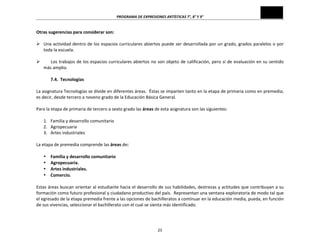 PROGRAMA	
  DE	
  EXPRESIONES	
  ARTÍSTICAS	
  7°,	
  8°	
  Y	
  9°	
  

Otras	
  sugerencias	
  para	
  considerar	
  son:	
  
	
  
Ø Una	
  actividad	
  dentro	
  de	
  los	
  espacios	
  curriculares	
  abiertos	
  puede	
  ser	
  desarrollada	
  por	
  un	
  grado,	
  grados	
  paralelos	
  o	
  por	
  
toda	
  la	
  escuela.	
  
	
  
Ø
Los	
  trabajos	
  de	
  los	
  espacios	
  curriculares	
  abiertos	
  no	
  son	
  objeto	
  de	
  calificación,	
  pero	
  sí	
  de	
  evaluación	
  en	
  su	
  sentido	
  
más	
  amplio.	
  
	
  
7.4.	
  	
  Tecnologías	
  
	
  
La	
   asignatura	
   Tecnologías	
   se	
   divide	
   en	
   diferentes	
   áreas.	
   	
   Éstas	
   se	
   imparten	
   tanto	
   en	
   la	
   etapa	
   de	
   primaria	
   como	
   en	
   premedia;	
  
es	
  decir,	
  desde	
  tercero	
  a	
  noveno	
  grado	
  de	
  la	
  Educación	
  Básica	
  General.	
  	
  	
  
	
  
Para	
  la	
  etapa	
  de	
  primaria	
  de	
  tercero	
  a	
  sexto	
  grado	
  las	
  áreas	
  de	
  esta	
  asignatura	
  son	
  las	
  siguientes:	
  
	
  
1. Familia	
  y	
  desarrollo	
  comunitario	
  
2. Agropecuaria	
  
3. Artes	
  industriales	
  
	
  
La	
  etapa	
  de	
  premedia	
  comprende	
  las	
  áreas	
  de:	
  
	
  
• Familia	
  y	
  desarrollo	
  comunitario	
  
• Agropecuaria.	
  	
  	
  
• Artes	
  industriales.	
  	
  	
  	
  
• Comercio.	
  	
  	
  
	
  
Estas	
  áreas	
  buscan	
  orientar	
  al	
  estudiante	
  hacia	
  el	
  desarrollo	
  de	
  sus	
  habilidades,	
  destrezas	
  y	
  actitudes	
  que	
  contribuyan	
  a	
  su	
  
formación	
  como	
  futuro	
  profesional	
  y	
  ciudadano	
  productivo	
  del	
  país.	
  	
  Representan	
  una	
  ventana	
  exploratoria	
  de	
  modo	
  tal	
  que	
  
el	
  egresado	
  de	
  la	
  etapa	
  premedia	
  frente	
  a	
  las	
  opciones	
  de	
  bachilleratos	
  a	
  continuar	
  en	
  la	
  educación	
  media,	
  pueda,	
  en	
  función	
  
de	
  sus	
  vivencias,	
  seleccionar	
  el	
  bachillerato	
  con	
  el	
  cual	
  se	
  sienta	
  más	
  identificado.	
  
	
  

25	
  

 