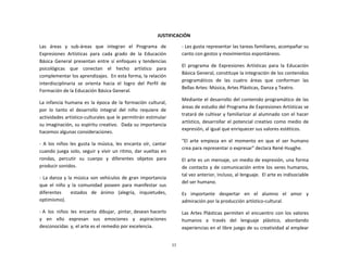  
JUSTIFICACIÓN	
  
Las	
   áreas	
   y	
   sub-­‐áreas	
   que	
   integran	
   el	
   Programa	
   de	
  
Expresiones	
   Artísticas	
   para	
   cada	
   grado	
   de	
   la	
   Educación	
  
Básica	
   General	
   presentan	
   entre	
   sí	
   enfoques	
   y	
   tendencias	
  
psicológicas	
   que	
   conectan	
   el	
   hecho	
   artístico	
   para	
  
complementar	
   los	
   aprendizajes.	
   	
   En	
   esta	
   forma,	
   la	
   relación	
  
interdisciplinaria	
   se	
   orienta	
   hacia	
   el	
   logro	
   del	
   Perfil	
   de	
  
Formación	
  de	
  la	
  Educación	
  Básica	
  General.	
  

-­‐	
   Les	
   gusta	
   representar	
   las	
   tareas	
   familiares,	
   acompañar	
   su	
  
canto	
  con	
  gestos	
  y	
  movimientos	
  espontáneos.	
  
El	
   programa	
   de	
   Expresiones	
   Artísticas	
   para	
   la	
   Educación	
  
Básica	
   General,	
   constituye	
   la	
   integración	
   de	
   los	
   contenidos	
  
programáticos	
   de	
   las	
   cuatro	
   áreas	
   que	
   conforman	
   las	
  
Bellas	
  Artes:	
  Música,	
  Artes	
  Plásticas,	
  Danza	
  y	
  Teatro.	
  
Mediante	
   el	
   desarrollo	
   del	
   contenido	
   programático	
   de	
  las	
  
áreas	
   de	
   estudio	
   del	
   Programa	
   de	
   Expresiones	
   Artísticas	
   se	
  
tratará	
  de	
  cultivar	
  y	
  familiarizar	
  al	
  alumnado	
  con	
  el	
  hacer	
  
artístico,	
   desarrollar	
   el	
   potencial	
   creativo	
   como	
   medio	
   de	
  
expresión,	
  al	
  igual	
  que	
  enriquecer	
  sus	
  valores	
  estéticos.	
  

La	
   infancia	
   humana	
   es	
   la	
   época	
   de	
   la	
   formación	
   cultural,	
  
por	
   lo	
   tanto	
   el	
   desarrollo	
   integral	
   del	
   niño	
   requiere	
   de	
  
actividades	
  artístico-­‐culturales	
  que	
  le	
  permitirán	
  estimular	
  
su	
  imaginación,	
  su	
  espíritu	
  creativo.	
  	
  Dada	
  su	
  importancia	
  
hacemos	
  algunas	
  consideraciones.	
  

"El	
   arte	
   empieza	
   en	
   el	
   momento	
   en	
   que	
   el	
   ser	
   humano	
  
crea	
  para	
  representar	
  o	
  expresar"	
  declara	
  René	
  Huyghe.	
  

-­‐	
   A	
   los	
   niños	
   les	
   gusta	
   la	
   música,	
   les	
   encanta	
   oír,	
   cantar	
  
cuando	
   juega	
   solo,	
   seguir	
   y	
   vivir	
   un	
   ritmo,	
   dar	
   vueltas	
   en	
  
rondas,	
   percutir	
   su	
   cuerpo	
   y	
   diferentes	
   objetos	
   para	
  
producir	
  sonidos.	
  

El	
  arte	
  es	
  un	
  mensaje,	
  un	
  medio	
  de	
  expresión,	
  una	
  forma	
  
de	
   contacto	
   y	
   de	
   comunicación	
   entre	
   los	
   seres	
   humanos,	
  
tal	
  vez	
  anterior,	
  incluso,	
  al	
  lenguaje.	
  	
  El	
  arte	
  es	
  indisociable	
  
del	
  ser	
  humano.	
  

-­‐	
   La	
   danza	
   y	
   la	
   música	
   son	
   vehículos	
   de	
   gran	
   importancia	
  
que	
   el	
   niño	
   y	
   la	
   comunidad	
   poseen	
   para	
   manifestar	
   sus	
  
diferentes	
  	
   estados	
   de	
   ánimo	
   (alegría,	
   inquietudes,	
  
optimismo).	
  

Es	
   importante	
   despertar	
   en	
   el	
   alumno	
   el	
   amor	
   y	
  
admiración	
  por	
  la	
  producción	
  artístico-­‐cultural.	
  

-­‐	
  A	
  	
  los	
  	
  niños	
  	
  les	
  	
  encanta	
  	
  dibujar,	
  	
  pintar,	
  desean	
  hacerlo	
  
y	
   en	
   ello	
   expresan	
   sus	
   emociones	
   y	
   aspiraciones	
  	
  
desconocidas	
  	
  y,	
  el	
  arte	
  es	
  el	
  remedio	
  por	
  excelencia.	
  

Las	
   Artes	
   Plásticas	
   permiten	
   el	
   encuentro	
   con	
   los	
   valores	
  
humanos	
   a	
   través	
   del	
   lenguaje	
   plástico,	
   abordando	
  
experiencias	
  en	
  el	
  libre	
  juego	
  de	
  su	
  creatividad	
  al	
  emplear	
  
33

 