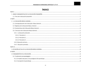 PROGRAMA	
  DE	
  EXPRESIONES	
  ARTÍSTICAS	
  7°,	
  8°	
  Y	
  9°	
  

ÍNDICE	
  
PARTE	
  I	
  .............................................................................................................................................................................................................	
  1	
  
1.	
  	
  BASES	
  FUNDAMENTALES	
  DE	
  LA	
  EDUCACIÓN	
  PANAMEÑA	
  ......................................................................................................................	
  1	
  
1.1.	
  Fines	
  de	
  la	
  educación	
  panameña	
  ......................................................................................................................................................	
  1	
  
II	
  PARTE	
  ............................................................................................................................................................................................................	
  3	
  
2.	
  	
  	
  LA	
  	
  EDUCACIÓN	
  BÁSICA	
  GENERAL	
  ..........................................................................................................................................................	
  3	
  
2.1.	
  Conceptualización	
  de	
  la	
  Educación	
  	
  Básica	
  General	
  ..........................................................................................................................	
  3	
  
2.2	
  	
  Objetivos	
  de	
  la	
  Educación	
  Básica	
  	
  General	
  ........................................................................................................................................	
  3	
  
2.3	
  	
  Características	
  de	
  la	
  Educación	
  Básica	
  General	
  .................................................................................................................................	
  4	
  
2.4.	
  	
  Estructura	
  de	
  la	
  Educación	
  Básica	
  General	
  
.......................................................................................................................................	
  5	
  
2.4.1.	
  	
  La	
  educación	
  preescolar	
  ............................................................................................................................................................	
  6	
  
2.4.1.1.	
  Parvularia	
  1	
  ..........................................................................................................................................................................	
  6	
  
2.4.1.2.	
  Parvularia	
  2	
  ..........................................................................................................................................................................	
  7	
  
2.4.1.3.	
  Parvularia	
  3	
  ..........................................................................................................................................................................	
  7	
  
2.4.2.	
  Educación	
  primaria	
  .....................................................................................................................................................................	
  7	
  
2.4.3.	
  	
  Educación	
  premedia	
  ..................................................................................................................................................................	
  7	
  
PARTE	
  III	
  ...........................................................................................................................................................................................................	
  8	
  
3.	
  SITUACIÓN	
  ACTUAL	
  DE	
  LA	
  EDUCACIÓN	
  BÁSICA	
  GENERAL	
  .......................................................................................................................	
  8	
  
IV	
  PARTE	
  ...........................................................................................................................................................................................................	
  8	
  
4.	
  FUNDAMENTOS	
  DE	
  LA	
  EDUCACIÓN	
  .........................................................................................................................................................	
  8	
  
4.1.	
  Fundamento	
  psicopedagógico	
  ..........................................................................................................................................................	
  8	
  
4.1.1	
  El	
  modelo	
  educativo	
  y	
  los	
  paradigmas	
  del	
  aprendizaje	
  ...............................................................................................................	
  9	
  
4.1.2	
  	
  Concepción	
  de	
  aprendizaje	
  ........................................................................................................................................................	
  9	
  
vi	
  

 