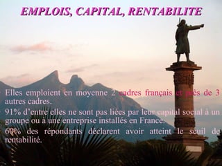EMPLOIS, CAPITAL, RENTABILITE Elles emploient en moyenne 2  cadres français et près de 3  autres cadres. 91% d’entre elles ne sont pas liées par leur capital social à un groupe ou à une entreprise installés en France. 60% des répondants déclarent avoir atteint le seuil de rentabilité. 
