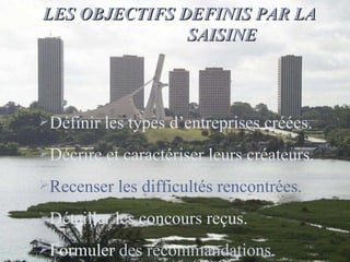 LES OBJECTIFS DEFINIS PAR LA  SAISINE Définir les types d’entreprises créées. Décrire et caractériser leurs créateurs. Recenser les difficultés rencontrées. Détailler les concours reçus. Formuler  des recommandations.   
