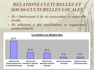 RELATIONS CULTURELLES ET SOCIO-CULTURELLES LOCALES Ils s’intéressent à la vie associative et culturelle locale. Ils adhérent à des associations et organismes professionnels. 