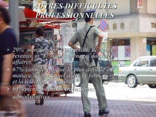 29% mentionnent l’instabilité de leurs revenus et 37% le copinage dans les affaires. 67% considèrent que le plus difficile en matière de personnel a été la formation et la sélection en général. 63% mentionnent les tracasseries  administratives.  AUTRES DIFFICULTES PROFESSIONNELLES 