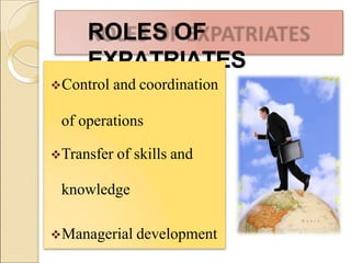 ROLES OF
EXPATRIATES
Control and coordination
of operations
Transfer of skills and
knowledge
Managerial development
 