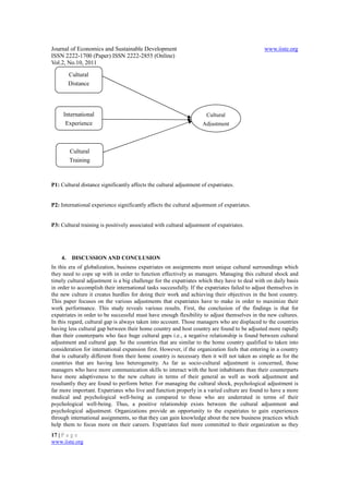 Journal of Economics and Sustainable Development                                                www.iiste.org
ISSN 2222-1700 (Paper) ISSN 2222-2855 (Online)
Vol.2, No.10, 2011
         Cultural
         Distance




     International                                                    Cultural
      Experience                                                    Adjustment



         Cultural
         Training



P1: Cultural distance significantly affects the cultural adjustment of expatriates.


P2: International experience significantly affects the cultural adjustment of expatriates.


P3: Cultural training is positively associated with cultural adjustment of expatriates.




    4.    DISCUSSION AND CONCLUSION
In this era of globalization, business expatriates on assignments meet unique cultural surroundings which
they need to cope up with in order to function effectively as managers. Managing this cultural shock and
timely cultural adjustment is a big challenge for the expatriates which they have to deal with on daily basis
in order to accomplish their international tasks successfully. If the expatriates failed to adjust themselves in
the new culture it creates hurdles for doing their work and achieving their objectives in the host country.
This paper focuses on the various adjustments that expatriates have to make in order to maximize their
work performance. This study reveals various results. First, the conclusion of the findings is that for
expatriates in order to be successful must have enough flexibility to adjust themselves in the new cultures.
In this regard, cultural gap is always taken into account. Those managers who are displaced to the countries
having less cultural gap between their home country and host country are found to be adjusted more rapidly
than their counterparts who face huge cultural gaps i.e., a negative relationship is found between cultural
adjustment and cultural gap. So the countries that are similar to the home country qualified to taken into
consideration for international expansion first. However, if the organization feels that entering in a country
that is culturally different from their home country is necessary then it will not taken as simple as for the
countries that are having less heterogeneity. As far as socio-cultural adjustment is concerned, those
managers who have more communication skills to interact with the host inhabitants than their counterparts
have more adaptiveness to the new culture in terms of their general as well as work adjustment and
resultantly they are found to perform better. For managing the cultural shock, psychological adjustment is
far more important. Expatriates who live and function properly in a varied culture are found to have a more
medical and psychological well-being as compared to those who are underrated in terms of their
psychological well-being. Thus, a positive relationship exists between the cultural adjustment and
psychological adjustment. Organizations provide an opportunity to the expatriates to gain experiences
through international assignments, so that they can gain knowledge about the new business practices which
help them to focus more on their careers. Expatriates feel more committed to their organization as they
17 | P a g e
www.iiste.org
 