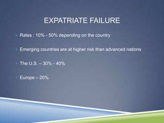 EXPATRIATE FAILURE
 Rates : 10% - 50% depending on the country


 Emerging countries are at higher risk than advanced nations


 The U.S. – 30% - 40%


 Europe – 20%
 