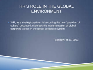 HR‘S ROLE IN THE GLOBAL
               ENVIRONMENT

 ―HR, as a strategic partner, is becoming the new ―guardian of
  culture‖ because it oversees the implementation of global
  corporate values in the global corporate system‖



                                         Sparrow, et. al, 2003
 