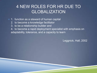 4 NEW ROLES FOR HR DUE TO
            GLOBALIZATION
 1. function as a steward of human capital
  2. to become a knowledge facilitator
  3. to be a relationship builder and
  4. to become a rapid deployment specialist with emphasis on
  adaptability, tolerance, and a capacity to learn


                                              Leggnick, Hall, 2002
 