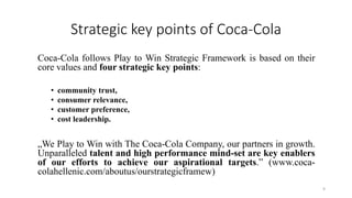 Strategic key points of Coca-Cola
Coca-Cola follows Play to Win Strategic Framework is based on their
core values and four strategic key points:
• community trust,
• consumer relevance,
• customer preference,
• cost leadership.
„We Play to Win with The Coca-Cola Company, our partners in growth.
Unparalleled talent and high performance mind-set are key enablers
of our efforts to achieve our aspirational targets.” (www.coca-
colahellenic.com/aboutus/ourstrategicframew)
9
 