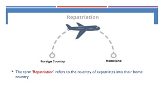 REPATRIATION
 The term ‘Repatriation’ refers to the re-entry of expatriates into their home
country.
 