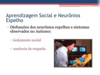 Aprendizagem Social e Neurônios
Espelho
• Disfunções dos neurônios espelhos e sintomas
  observados no Autismo:

 ▫ isolamento social

 ▫ ausência de empatia
 