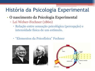 História da Psicologia Experimental
• O nascimento da Psicologia Experimental
 ▫ Lei Weber-Fechner (1860)
    Relação entre sensação psicológica (percepção) e
     intensidade física de um estímulo.

    “Elementos da Psicofísica” Fechner
 