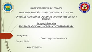 UNIVERSIDAD CENTRAL DEL ECUADOR
FACULTAD DE FILOSOFÍA, LETRAS Y CIENCIAS DE LA EDUCACIÓN
CARRERA DE PEDAGOGÍA, DE LAS CIENCIAS EXPERIMENTALES QUÍMICA Y
BIOLOGÍA
Pedagogía Educativa
ESCUELA TRADICIONAL, MODERNA Y CONTEMPORÁNEA
Integrantes:
Curso: Segundo Semestre “A”
Coloma Alicia
Año: 2019-2020
 