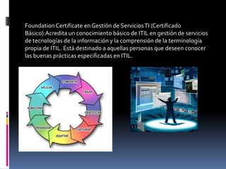 Foundation Certificate en Gestión de Servicios TI (Certificado
Básico):Acredita un conocimiento básico de ITIL en gestión de servicios
de tecnologías de la información y la comprensión de la terminología
propia de ITIL. Está destinado a aquellas personas que deseen conocer
las buenas prácticas especificadas en ITIL.
 