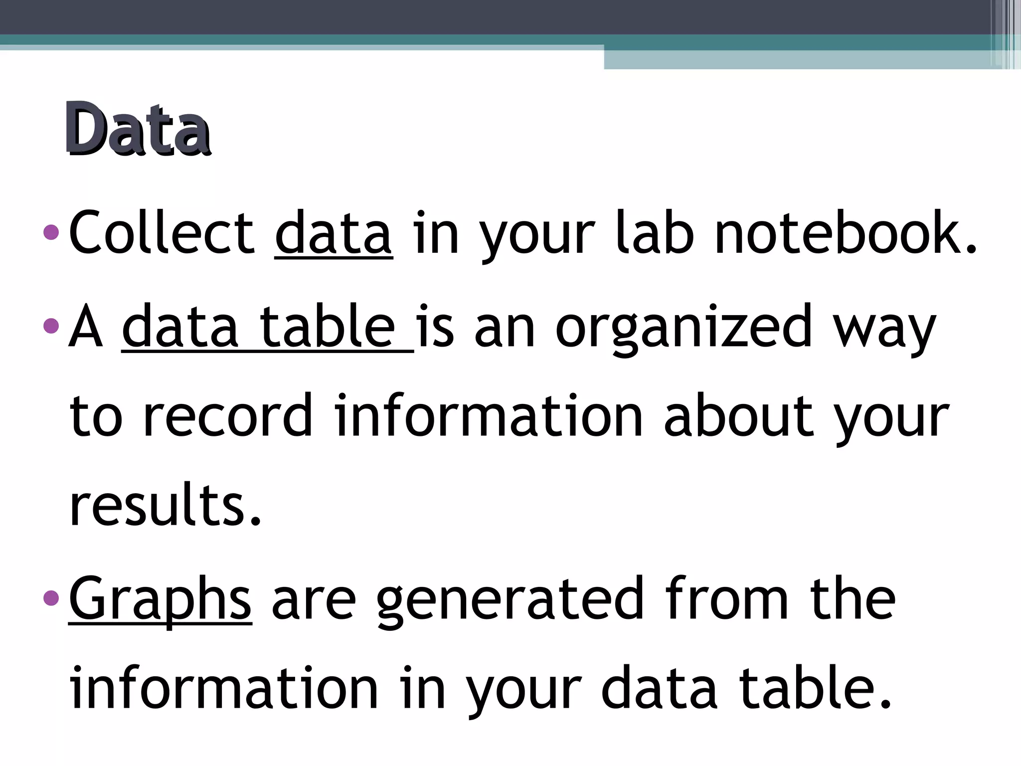 DataData
•Collect data in your lab notebook.
•A data table is an organized way
to record information about your
results.
•Graphs are generated from the
information in your data table.
 