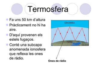 Termosfera
 Fa uns 50 km d’altura
 Pràcticament no hi ha
  aire.
 D'aquí provenen els
  estels fugaços.
 Conté una subcapa
  anomenada ionosfera
  que reflexa les ones
  de ràdio.
                          Ones de ràdio
 