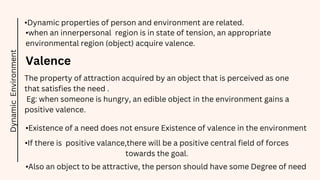 Dynamic
Environment
•Dynamic properties of person and environment are related.
•when an innerpersonal region is in state of tension, an appropriate
environmental region (object) acquire valence.
Valence
The property of attraction acquired by an object that is perceived as one
that satisfies the need .
Eg: when someone is hungry, an edible object in the environment gains a
positive valence.
•Existence of a need does not ensure Existence of valence in the environment
•Also an object to be attractive, the person should have some Degree of need
•If there is positive valance,there will be a positive central field of forces
towards the goal.
 