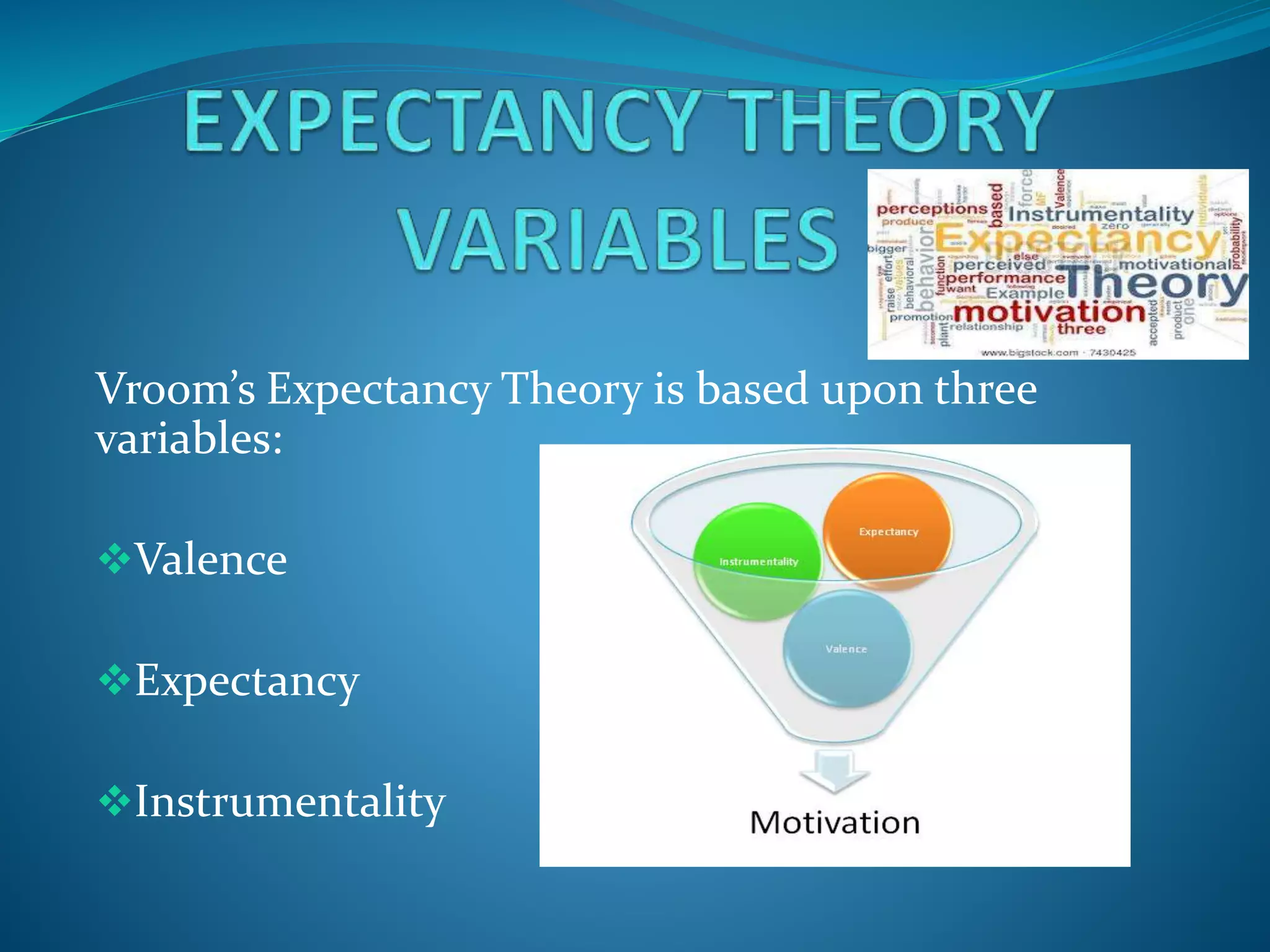 Vroom’s Expectancy Theory is based upon three
variables:
Valence
Expectancy
Instrumentality
 