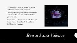 Reward and Valence
• Valence is how much an employee prefers
certain rewards over other rewards
• The employee may consider multiple rewards
and choose the one that most meets their
personal goals
• Valence can be shown on a scale that ranges
from -1 to 1; with a 0-level valence being
indifferent to the award
 