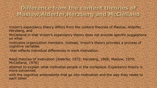 Vroom’s expectancy theory differs from the content theories of Maslow, Alderfer,
Herzberg, and
McClelland in that Vroom’s expectancy theory does not provide specific suggestions
on what
motivates organization members. Instead, Vroom’s theory provides a process of
cognitive variables
that reflects individual differences in work motivation.
Need theories of motivation (Alderfer, 1972; Herzberg, 1968; Maslow, 1970;
McClelland, 1976)
attempt to explain what motivates people in the workplace. Expectancy theory is
more concerned
with the cognitive antecedents that go into motivation and the way they relate to
each other.
 