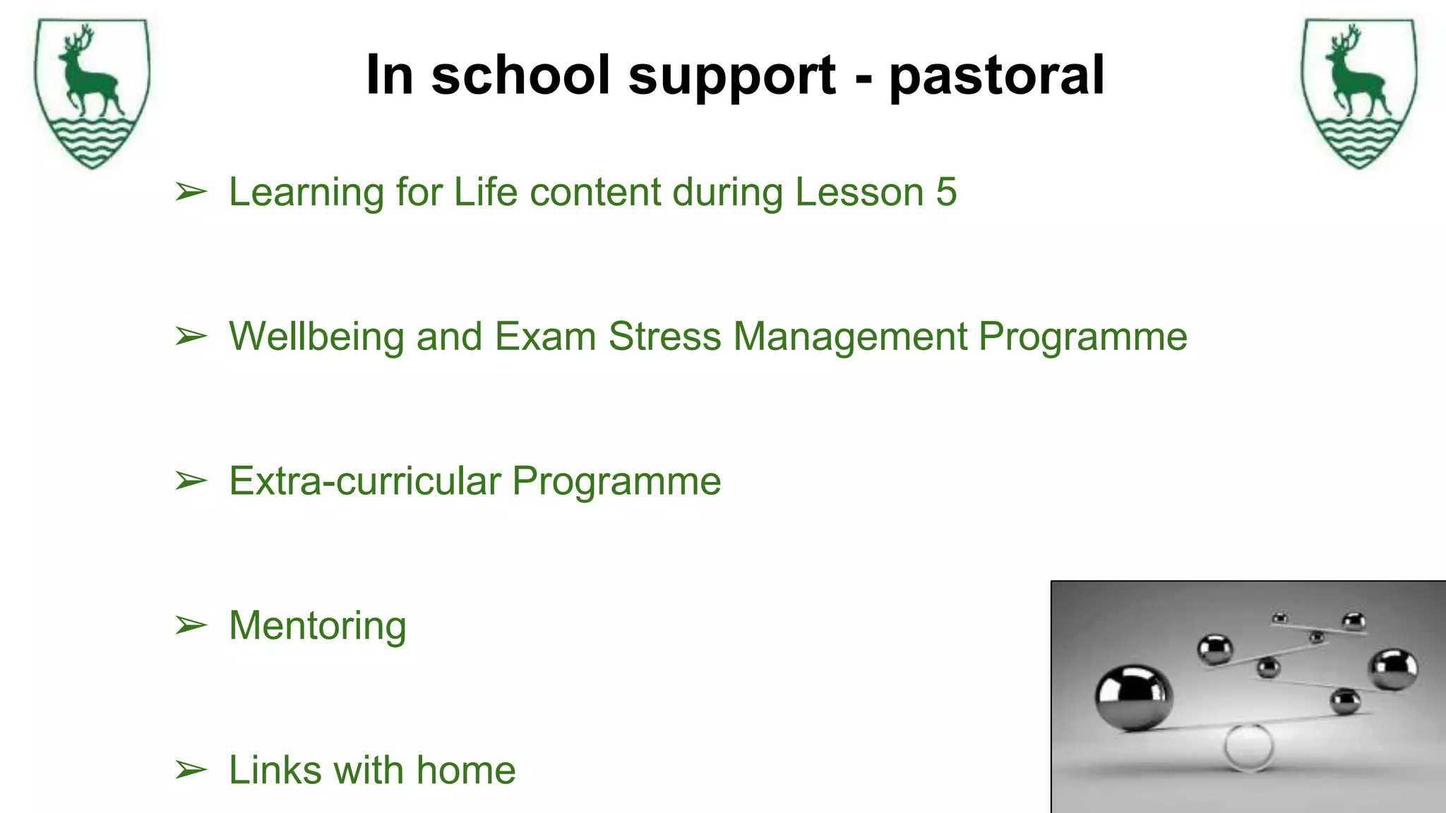 ➢ Learning for Life content during Lesson 5
➢ Wellbeing and Exam Stress Management Programme
➢ Extra-curricular Programme
➢ Mentoring
➢ Links with home
In school support - pastoral
 