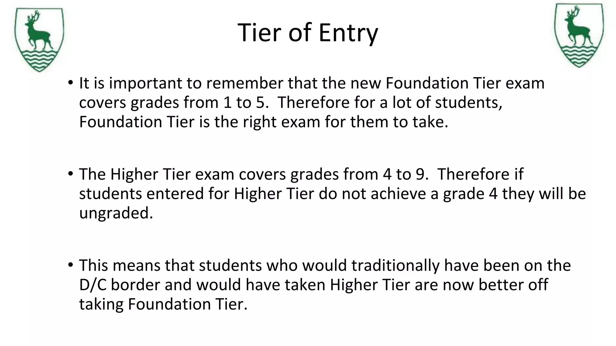 Tier of Entry
• It is important to remember that the new Foundation Tier exam
covers grades from 1 to 5. Therefore for a lot of students,
Foundation Tier is the right exam for them to take.
• The Higher Tier exam covers grades from 4 to 9. Therefore if
students entered for Higher Tier do not achieve a grade 4 they will be
ungraded.
• This means that students who would traditionally have been on the
D/C border and would have taken Higher Tier are now better off
taking Foundation Tier.
 
