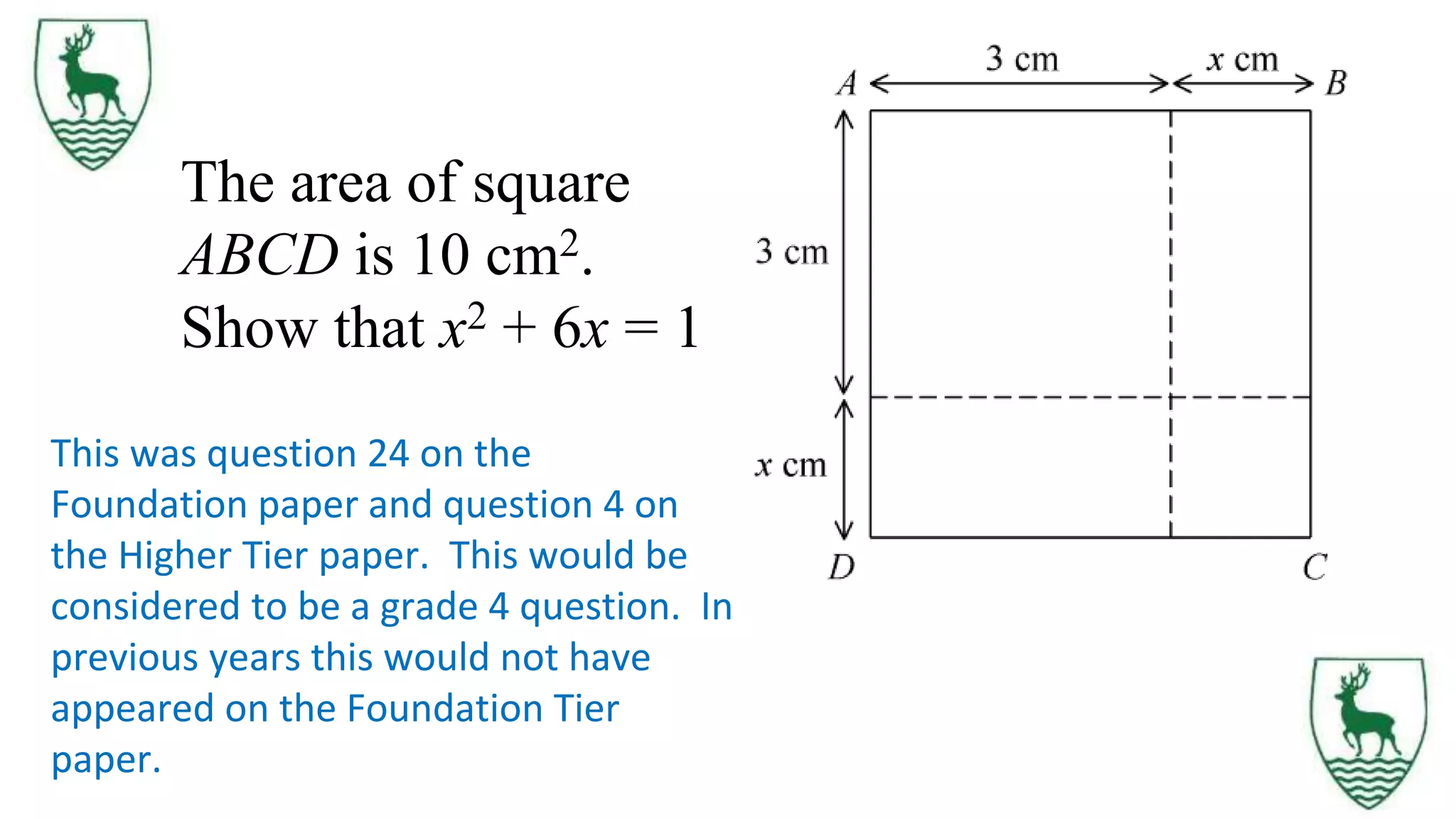 The area of square
ABCD is 10 cm2.
Show that x2 + 6x = 1
This was question 24 on the
Foundation paper and question 4 on
the Higher Tier paper. This would be
considered to be a grade 4 question. In
previous years this would not have
appeared on the Foundation Tier
paper.
 