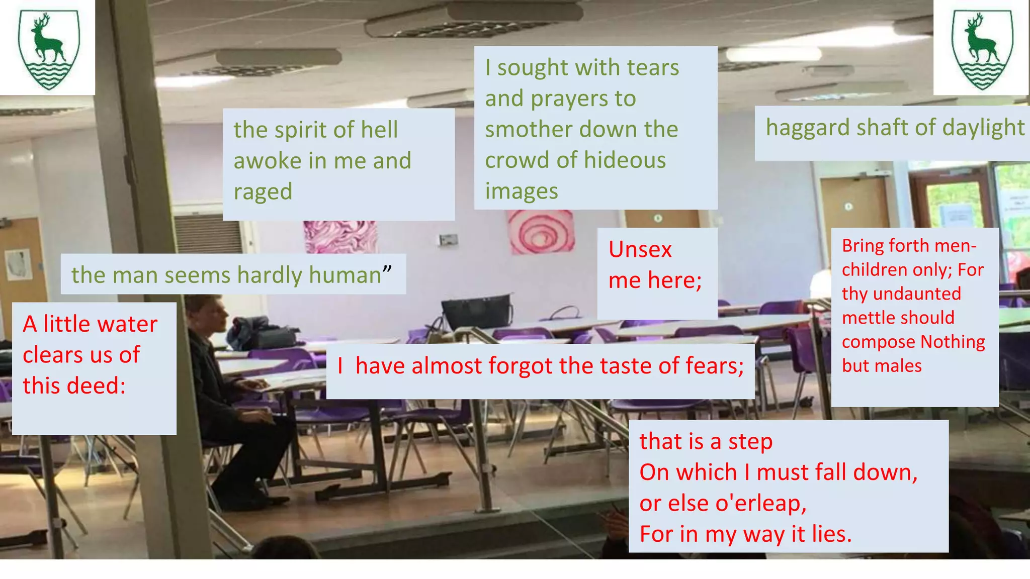 the man seems hardly human”
haggard shaft of daylightthe spirit of hell
awoke in me and
raged
I sought with tears
and prayers to
smother down the
crowd of hideous
images
A little water
clears us of
this deed:
I have almost forgot the taste of fears;
Unsex
me here;
that is a step
On which I must fall down,
or else o'erleap,
For in my way it lies.
Bring forth men-
children only; For
thy undaunted
mettle should
compose Nothing
but males
 