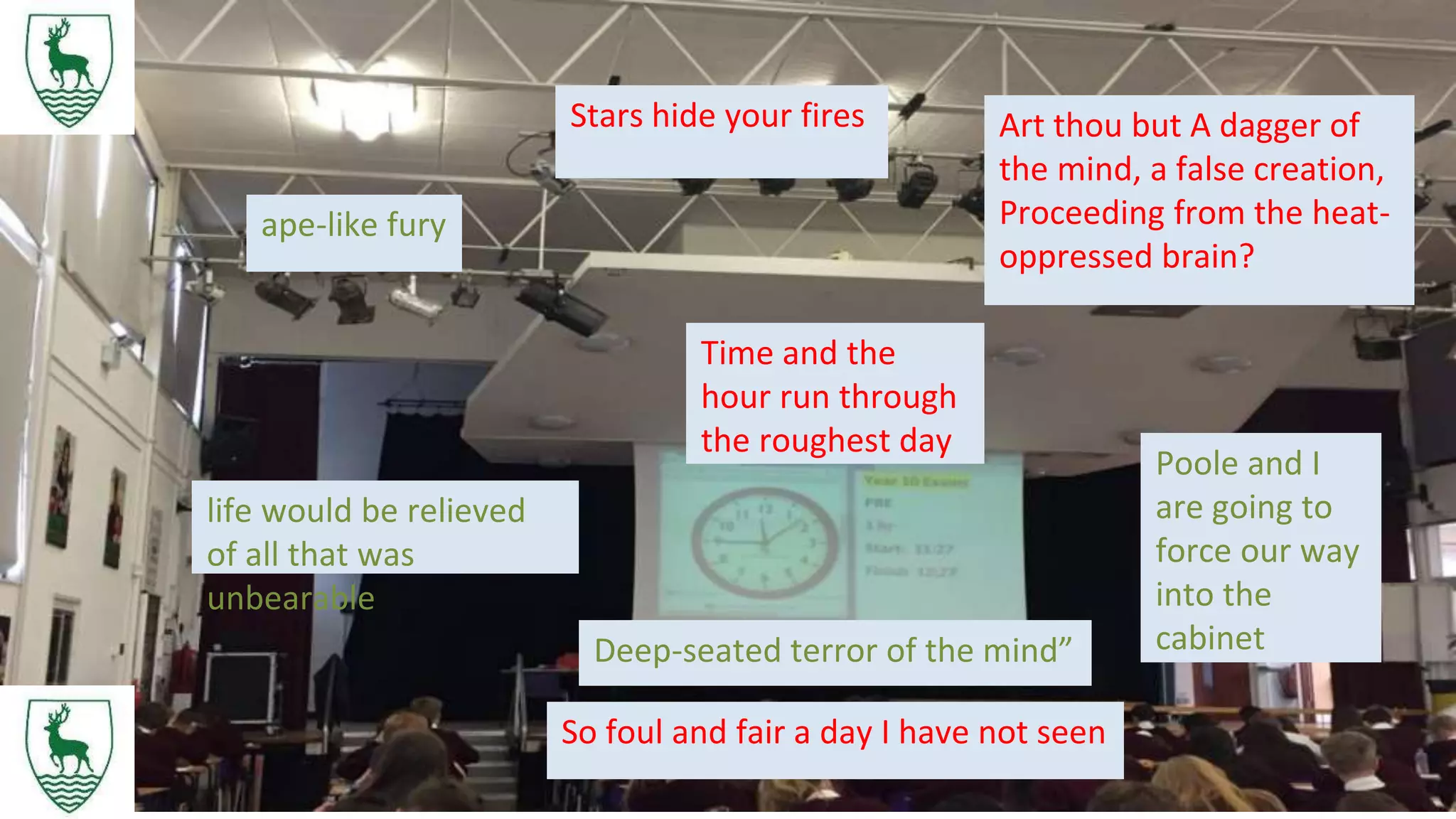 Deep-seated terror of the mind”
Poole and I
are going to
force our way
into the
cabinet
life would be relieved
of all that was
unbearable
Time and the
hour run through
the roughest day
ape-like fury
Stars hide your fires Art thou but A dagger of
the mind, a false creation,
Proceeding from the heat-
oppressed brain?
So foul and fair a day I have not seen
 