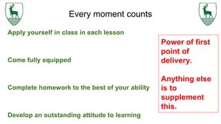 Every moment counts
Apply yourself in class in each lesson
Come fully equipped
Complete homework to the best of your ability
Develop an outstanding attitude to learning
Power of first
point of
delivery.
Anything else
is to
supplement
this.
 