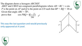 The diagram shows a hexagon ABCDEF.
ABEF and CBED are congruent parallelograms where AB = BC = x cm.
P is the point on AF and Q is the point on CD such that BP = BQ = 10 cm.
Given that angle ABC = 30°,
prove that cos PBQ = 1 – x2
This was the last question and would previously
only appeared at A Level.
 