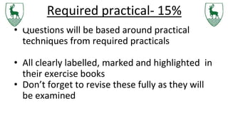Required practical- 15%
• Questions will be based around practical
techniques from required practicals
• All clearly labelled, marked and highlighted in
their exercise books
• Don’t forget to revise these fully as they will
be examined
 