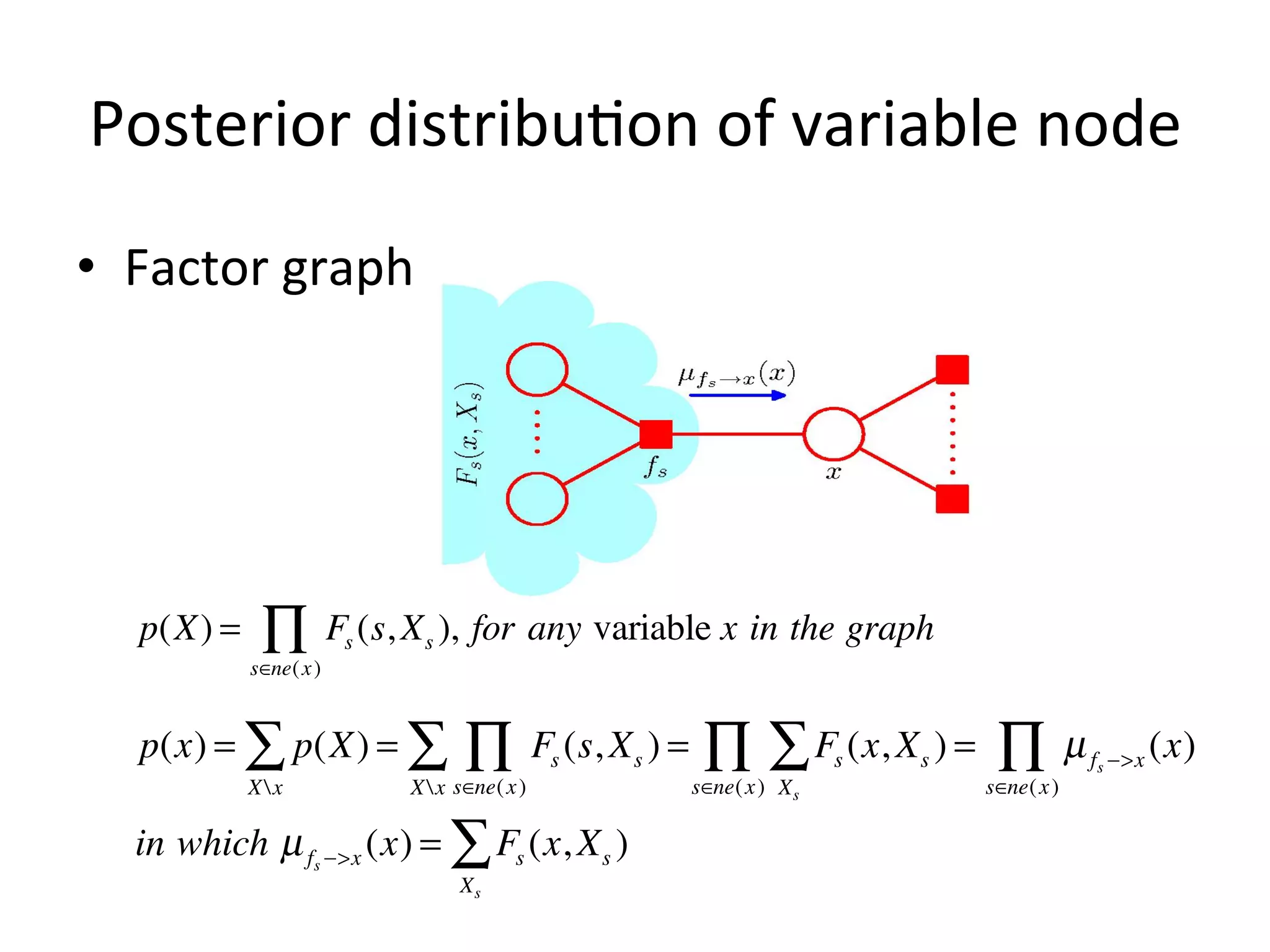 Posterior	
  distribu(on	
  of	
  variable	
  node	
  
•  Factor	
  graph	
  

p(X) =

∏

Fs (s, X s ), for any variable x in the graph

s∈ne( x )

p(x) = ∑ p(X) = ∑
Xx

∏

Fs (s, X s ) =

X  x s∈ne( x )

∏ ∑ F (x, X ) = ∏
s

s∈ne( x ) X s

in which µ fs −>x (x) = ∑ Fs (x, X s )
Xs

Note:	
  the	
  ﬁgure	
  is	
  from	
  book	
  ‘PaMern	
  recogniFon	
  and	
  machine	
  learning’	
  

s

s∈ne( x )

µ fs −>x (x)

 
