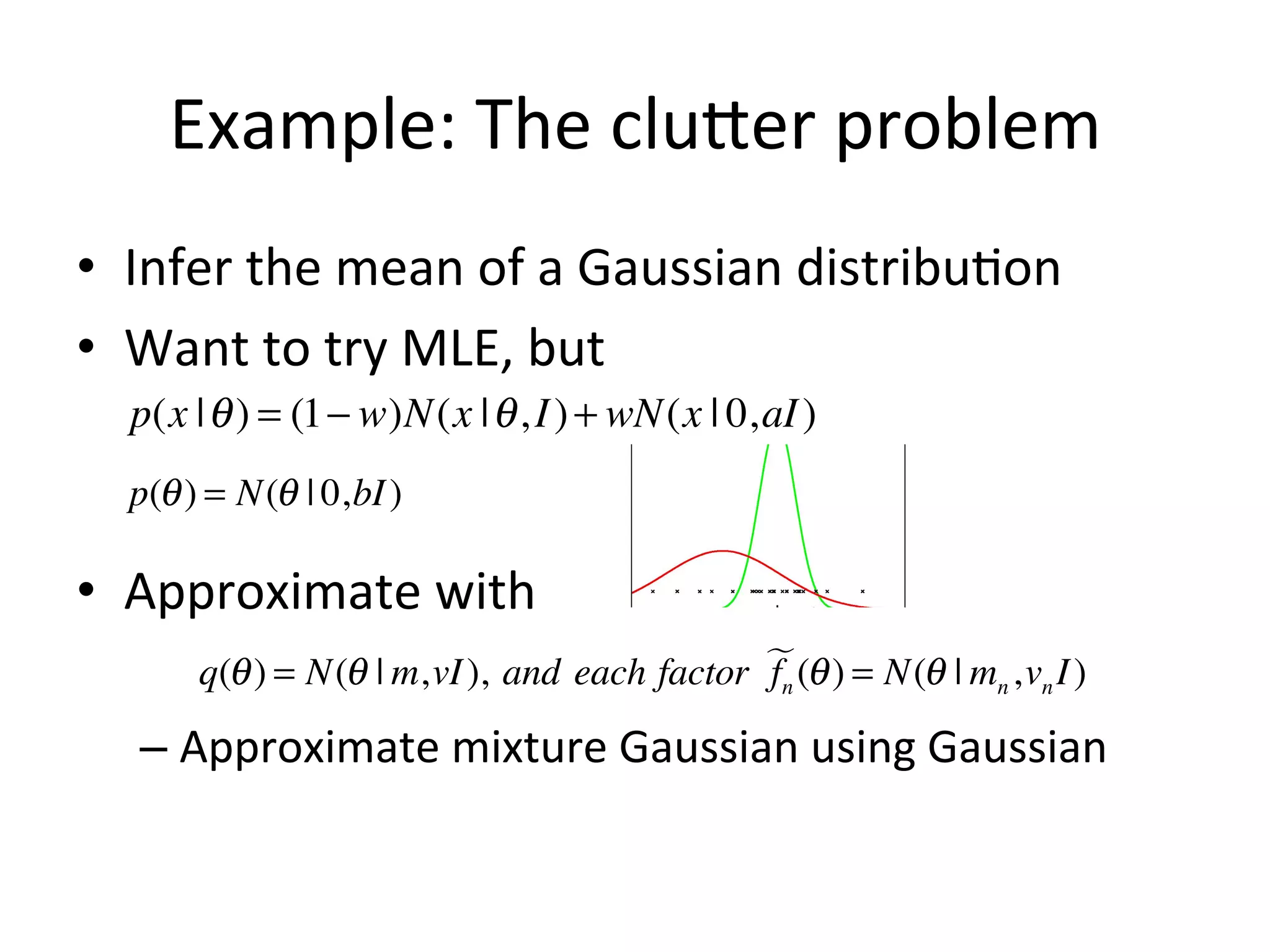 Example:	
  The	
  cluEer	
  problem	
  
•  Infer	
  the	
  mean	
  of	
  a	
  Gaussian	
  distribu(on	
  
•  Want	
  to	
  try	
  MLE,	
  but	
  
p(x | θ ) = (1− w)N(x | θ , I ) + wN(x | 0,aI )
p(θ ) = N(θ | 0,bI )

•  Approximate	
  with	
  
q(θ ) = N(θ | m,vI ), and each factor  (θ ) = N(θ | mn ,vn I )
fn

–  Approximate	
  mixture	
  Gaussian	
  using	
  Gaussian	
  

Note:	
  the	
  ﬁgure	
  is	
  from	
  book	
  ‘PaMern	
  recogniFon	
  and	
  machine	
  learning’	
  

 