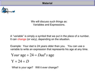 We will discuss such things as: Variables and Expressions. Material A “variable” is simply a symbol that we put in the place of a number. It can  change  (or vary), depending on the situation. Example:  Your dad is 24 years older than you.  You can use a  variable to write an expression that represents his age at any time. What is your age?  Will it ever change? 