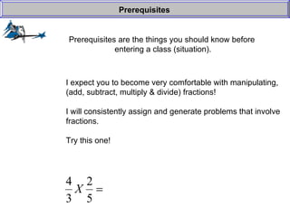 Prerequisites are the things you should know before  entering a class (situation). Prerequisites I expect you to become very comfortable with manipulating, (add, subtract, multiply & divide) fractions! I will consistently assign and generate problems that involve fractions. Try this one! 