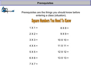 Prerequisites are the things you should know before  entering a class (situation). Prerequisites 1 X 1 =  2 X 2 =  3 X 3 =  4 X 4 =  5 X 5 =  6 X 6 =  7 X 7 =  8 X 8 =  9 X 9 =  10 X 10 =  11 X 11 =  12 X 12 =  13 X 13 =  Square Numbers You Need To Know 