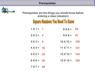Prerequisites are the things you should know before  entering a class (situation). Prerequisites 1 X 1 =  2 X 2 =  3 X 3 =  4 X 4 =  5 X 5 =  6 X 6 =  7 X 7 =  8 X 8 =  9 X 9 =  10 X 10 =  11 X 11 =  12 X 12 =  13 X 13 =  1 4 9 16 25 36 49 64 81 100 121 144 169 Square Numbers You Need To Know 