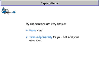 My expectations are very simple: Work  Hard! Take responsibility  for your self and your    education. Expectations 