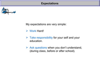 My expectations are very simple: Work  Hard! Take responsibility  for your self and your    education. Ask questions  when you don’t understand,   (during class, before or after school). Expectations 