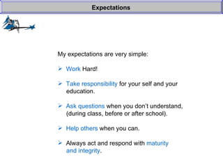 My expectations are very simple: Work  Hard! Take responsibility  for your self and your    education. Ask questions  when you don’t understand,   (during class, before or after school). Help others  when you can. Always act and respond with  maturity    and integrity . Expectations 