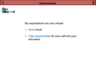 My expectations are very simple: Work  Hard! Take responsibility  for your self and your    education. Expectations 
