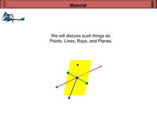 We will discuss such things as: Points, Lines, Rays, and Planes  Material 