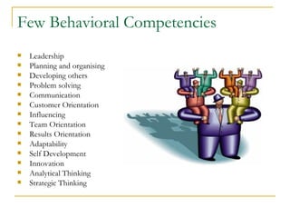Few Behavioral Competencies
   Leadership
   Planning and organising
   Developing others
   Problem solving
   Communication
   Customer Orientation
   Influencing
   Team Orientation
   Results Orientation
   Adaptability
   Self Development
   Innovation
   Analytical Thinking
   Strategic Thinking
 