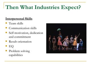 Then What Industries Expect?
Interpersonal Skills
 Team skills

 Communication skills

 Self motivation, dedication

  and commitment
 Result orientation

 EQ

 Problem solving

  capabilities
 